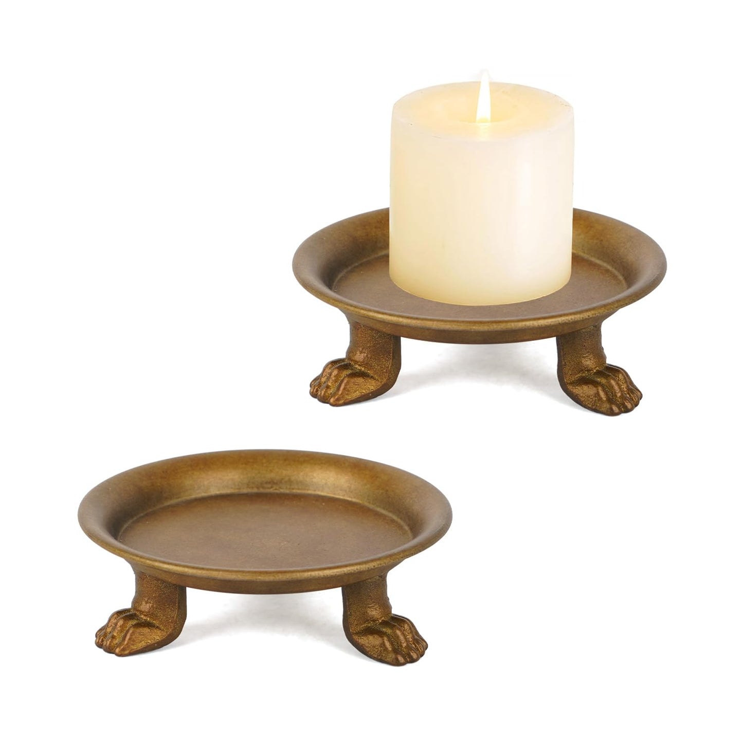 NIKKY HOME Gold Clawfoot Pillar Candle Holders Set of 2, Vintage Iron Tray