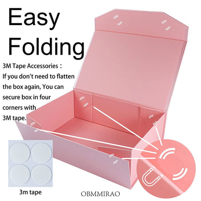OBMMIRAO 1Pcs Pink 13x9x4 Inch Upgrade Hard Large Gift Box with Lid, Foldable Magnetic Gift Boxes,Groomsman Box Bridesmaid Proposal Box, Reusable Gift Boxes for Clothes