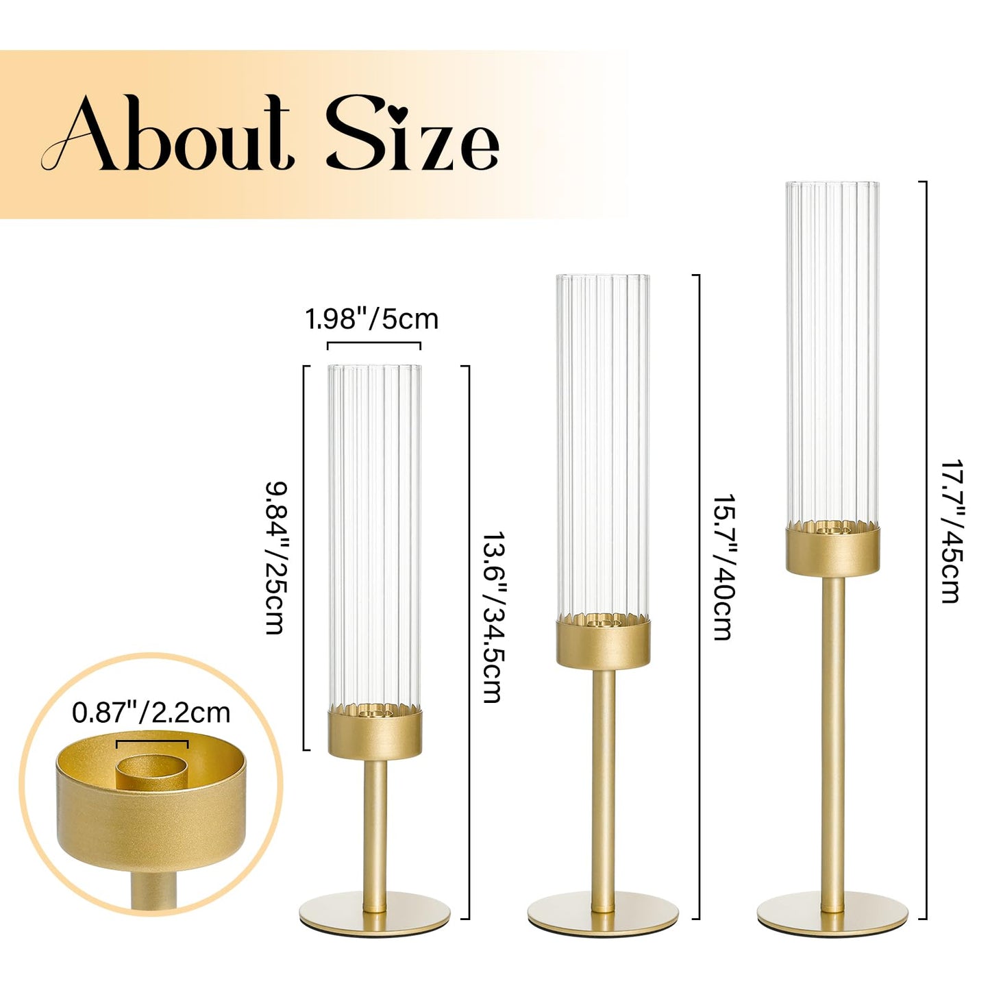 Turvono Gold Hurricane Candle Holders Set of 6, Brass Metal Candlestick Holders for Taper Candles, Modern Table Centerpiece Decor for Wedding, Party & Holiday Decorations