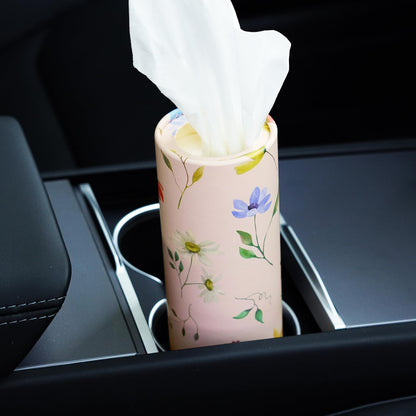 4 Pack Pink Wild Floral Car Tissue Holder with 3-Ply Facial Tissues - Round Cylinder Tissues Fits Car Cup Holder, Travel Tissues Bulk (200 Sheets 7.1x7.1") - Cute Sister Mother's Day Birtyday Gifts