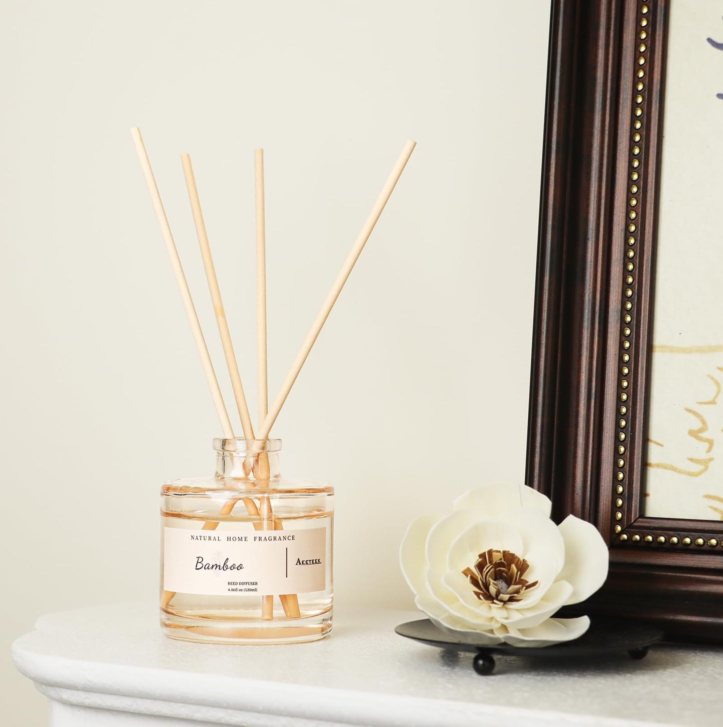 Aeeteek Reed Diffuser - Clean Bamboo Essential Oil Aroma for Home, Room Decor Aesthetic with Long-Lasting Fragrance, 4.06 fl oz (120 ml) Air Freshener for Office, Bathroom