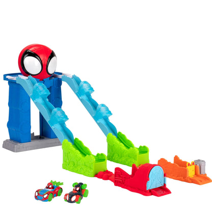 Marvel Spidey and His Amazing Friends Spidey’s Mega Jump HQ Track - 39-Inch Dual Race Track with Elevator, Control Center, Web Tunnels and Two Exclusive Amazing Metals Vehicles