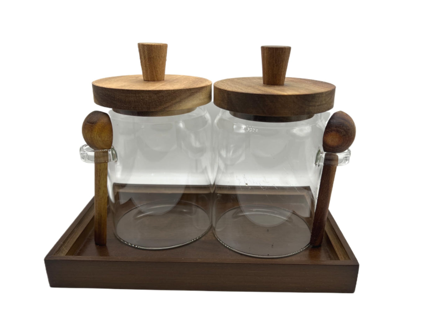 BEECO GIF2U Glass Jars with Brown Wooden Lids and Scoops 20oz 2Pack with Tray, Airtight Food Storage Containers with Tray for Sugar Coffee Bean Candy Spice