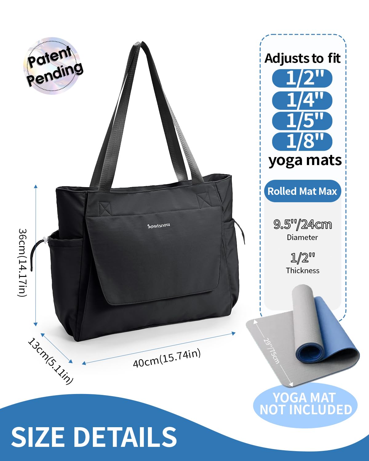 sportsnew Yoga Mat Bag Tote Yoga Gym Bags For Women Men with Waterproof Wet Pocket & Hook-and-loop, Quick Access Storage Yoga Mat Bag Carrier, Black
