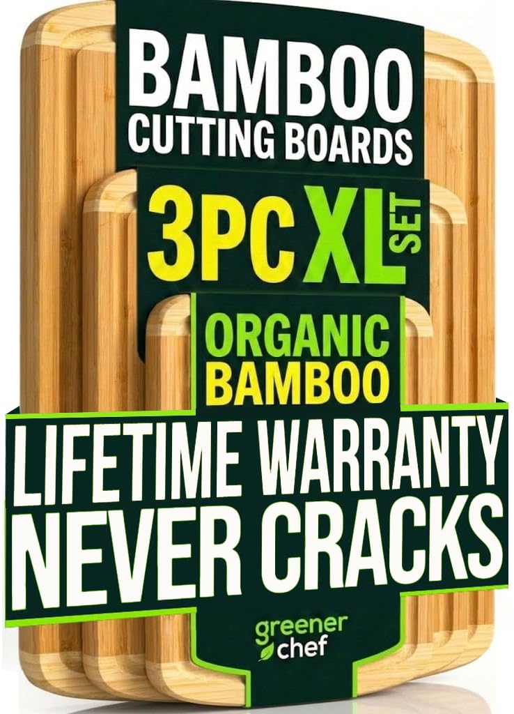 Greener Chef Luxury XL Bamboo Cutting Board Set of 3 with Vertical Grain Strength Technology - Extra Large Wood Cutting Boards for Kitchen and Lightweight Chopping Board Set - Replacements for Life
