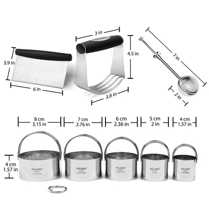 HULISEN Stainless Steel Biscuit Cutter Set, Flour Duster, Pastry Scraper and Dough Blender, Sturdy & Long-Lasting with Ergonomic Rubber Grip, Professional Baking Dough Tools, Gift Package (4 Pcs/Set)