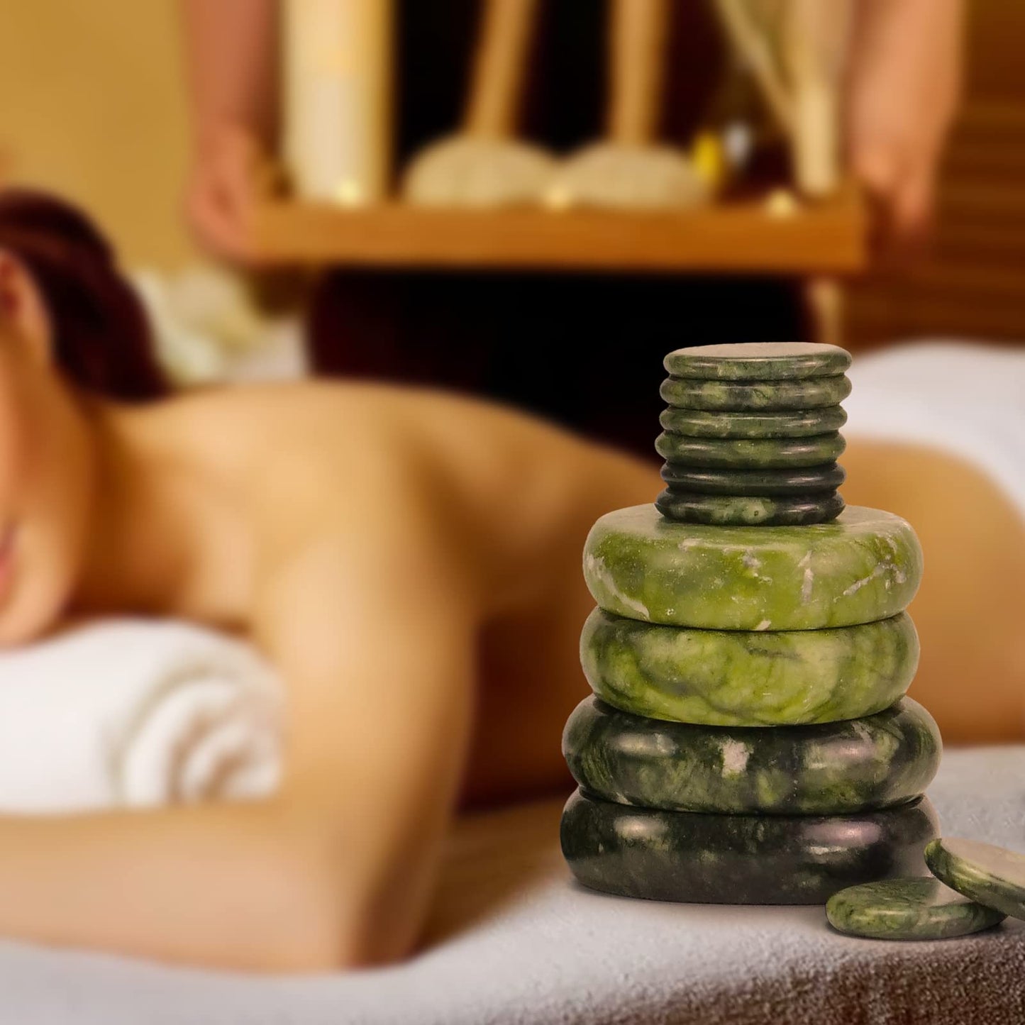 Windfulogo 16Pcs Large Hot Massage Stones Set Natural Green Jade Heated Warmer Stone for Spa Massage 776834