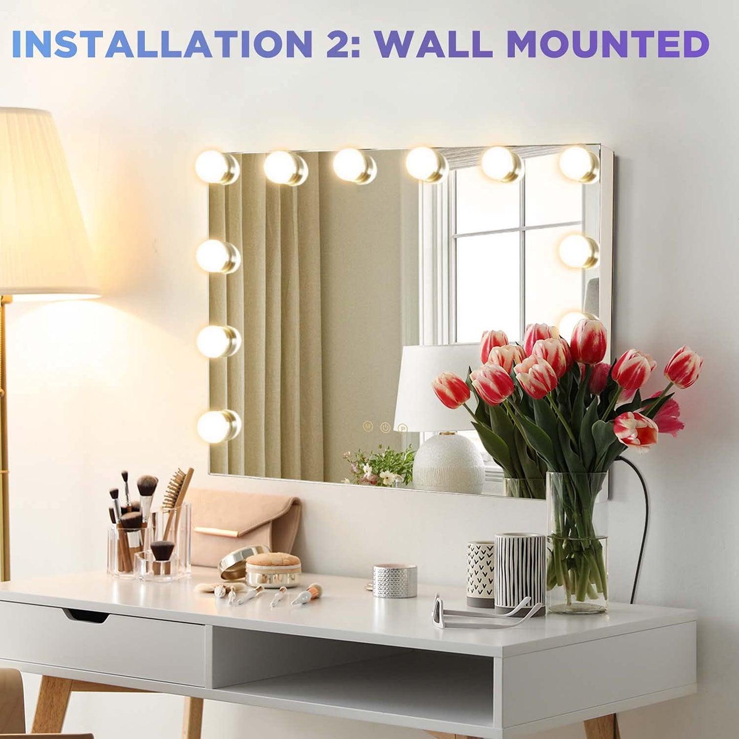 M MIVONDA Hollywood Vanity Mirror with Dimmable 15LED Bulbs Lights 3 Lighting Modes 2in1 Large Lighted Makeup Mirror for Desk and Wall with Plug-in and USB Charger Port