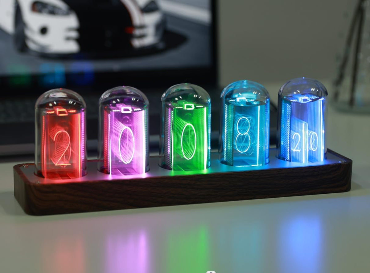 ClocTeck Nixie Tube Clock with Wi-Fi SYNC, Alarm & Timer, 12/24H Display, No Assembly Required - A Retro Gift for Friends (Wood Grain)