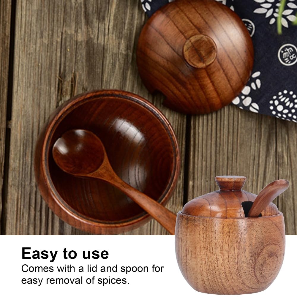 Anu Limen Wooden Sugar Bowl with Lid and Spoon - Spice Jar for Kitchen Pantry, Salt and Peppers Container, Rustic Brown Condiment Dispenser 3.5x3.3 in
