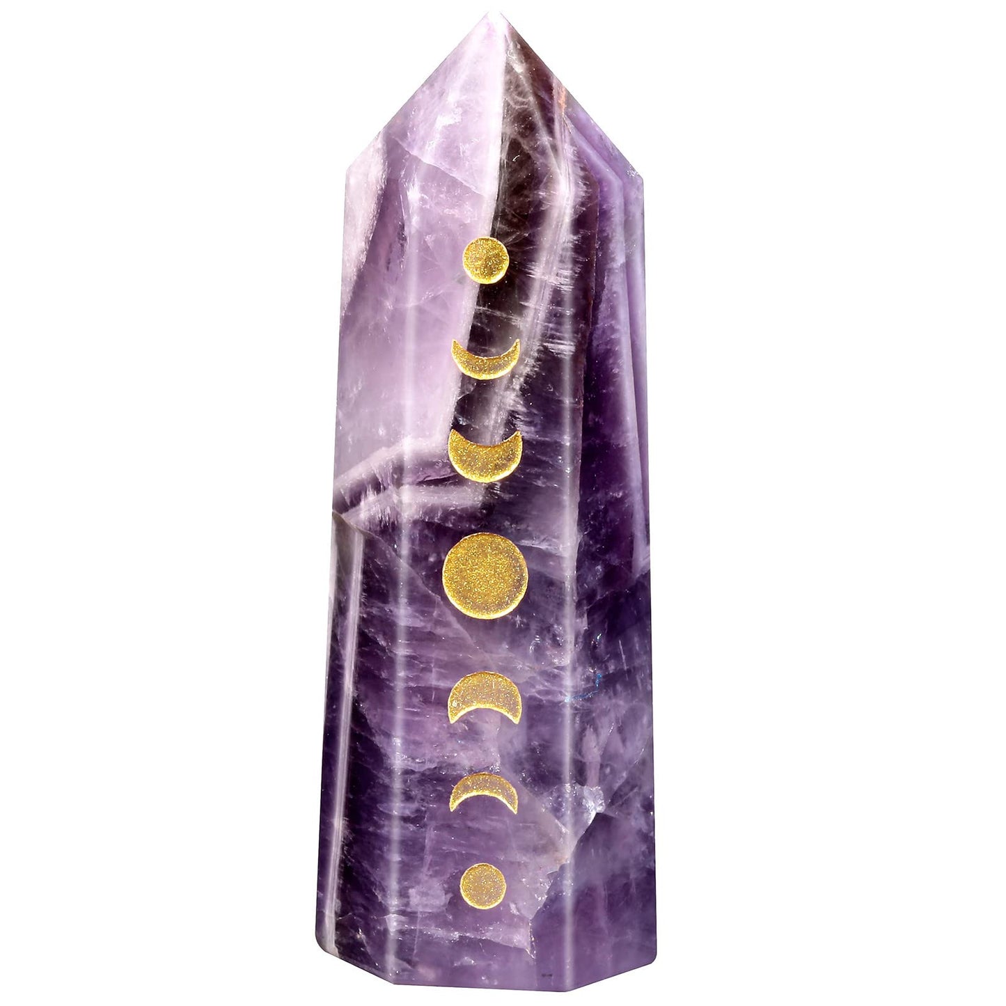 Rockcloud Moon Phase Engraved Crystal Point, Lunar Eclipse Hexagonal Wand Pocket Stone for Reiki Meditation Home Decoration, Amethyst