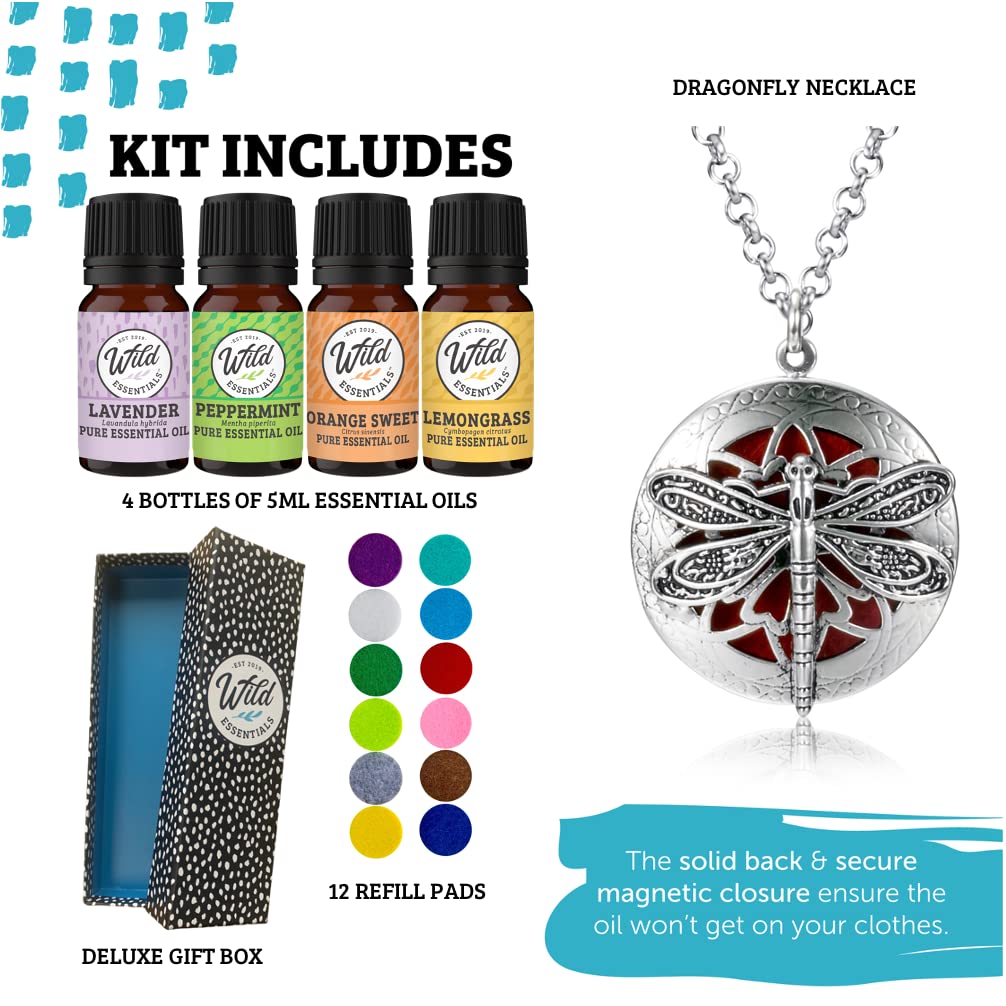 Wild Essentials Dragonfly Necklace Essential Oil Diffuser Kit with Lavender, Lemongrass, Peppermint, Orange Oils, 12 Refill Pads, Calming Aromatherapy Gift Set, Customizable Color Changing, Perfume