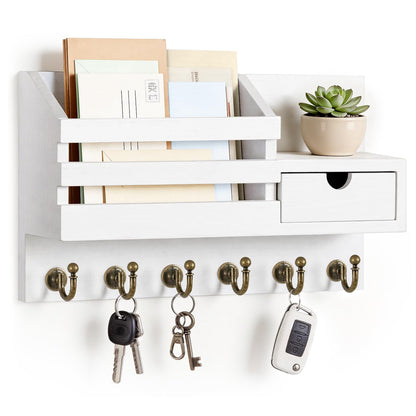 FifthQuarter Key Holder Wall Mount: Key and Mail Holder for Wall with 6 Hooks and Storage Drawer, Easy Installation Key Rack for Entryway Home Decor (A-White)