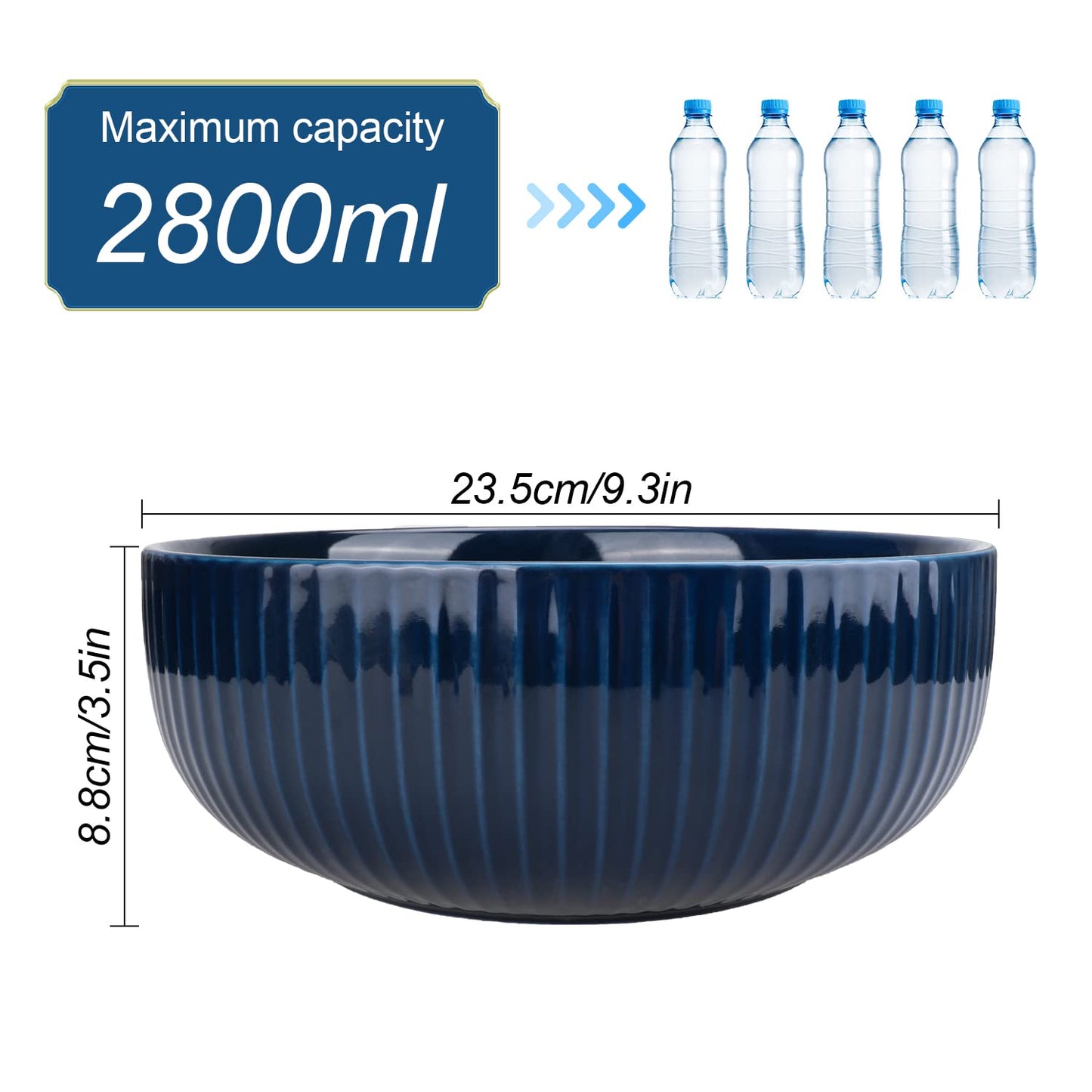 UUEMB Extra Large Salad Bowl, 2800ml Ceramic Fruit Bowl, Stylish Navy Blue Round Vertical Stripe Soup Bowl, Serving Bowl for Salad, Fruit, Noodle, Soup(23.5x8.8cm, 95oz)