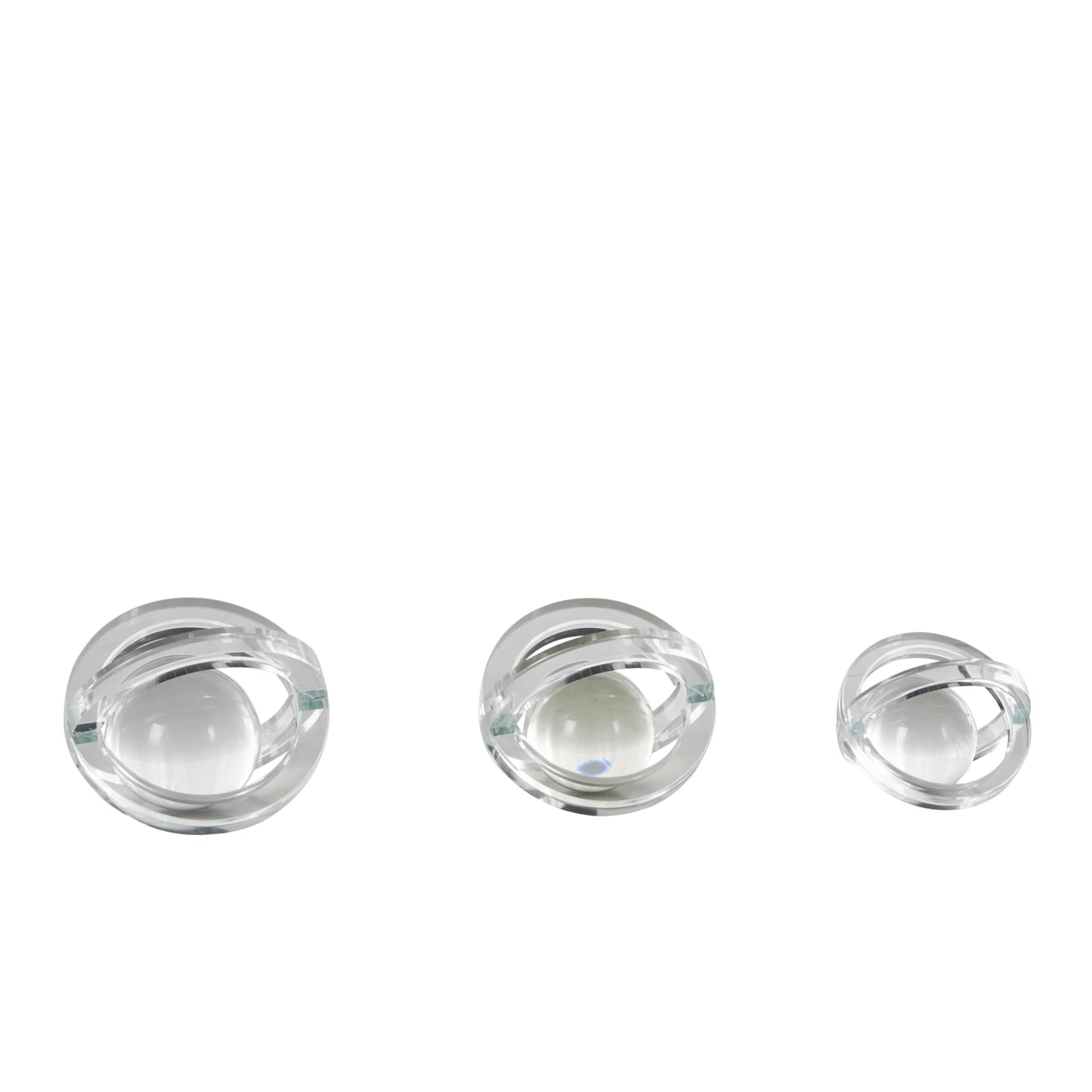 Deco 79 Glass Geometric Decorative Sculpture Orb Home Decor Statues with Overlapping Rings and Ball Center, Set of 3 Accent Figurines 4", 4", 3" H, Clear
