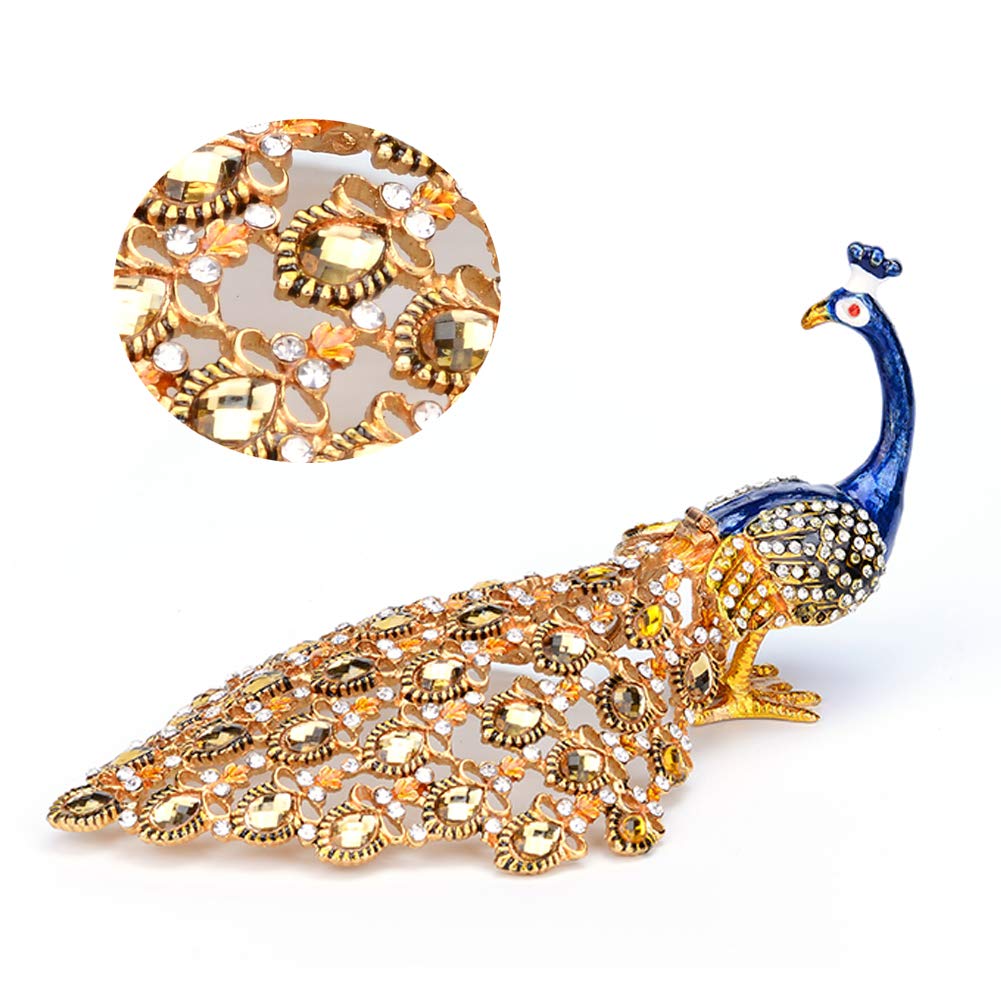 Furuida Trinket Box with Hinged Blue Peacock Crystal Ornament Decorative Hinged Jewelry Box Ring Store Luxurious Gift for Home Decor