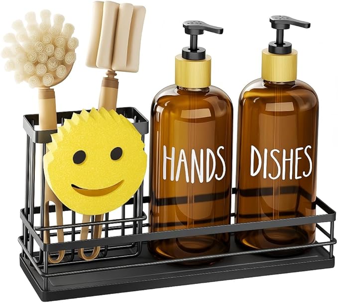 Moforoco Kitchen Dish Soap Dispenser Set, 16OZ Glass Bottle, Hand and Dish Soap
