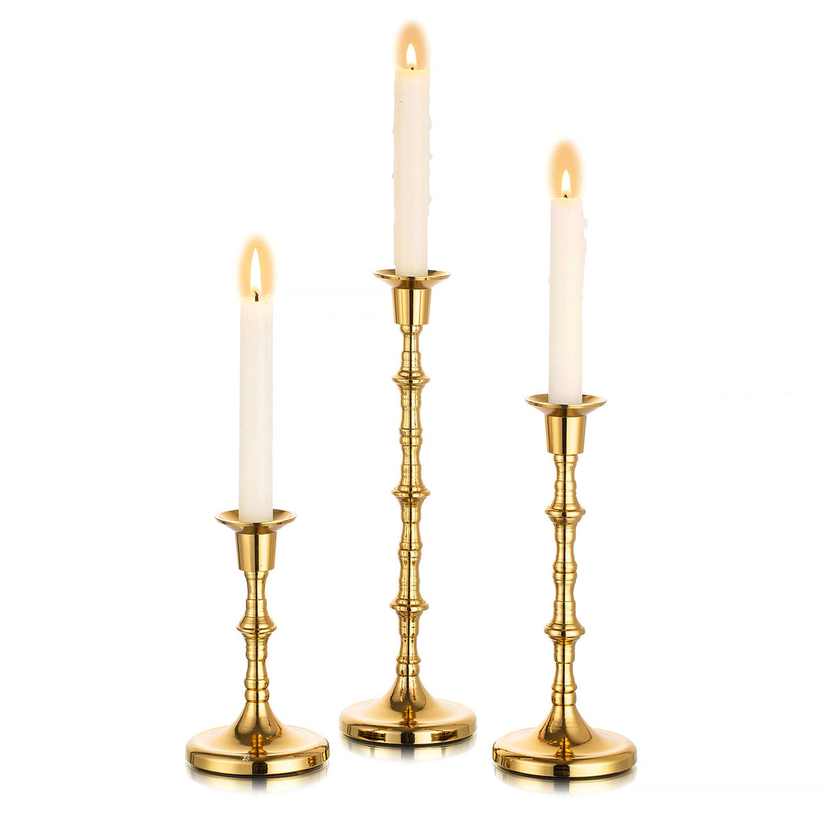 Nuptio Brass Candlestick Holders for Centerpiece: Set of 3 Gold Taper Candle Stick Holders for Home Dining Table Fireplace Decor
