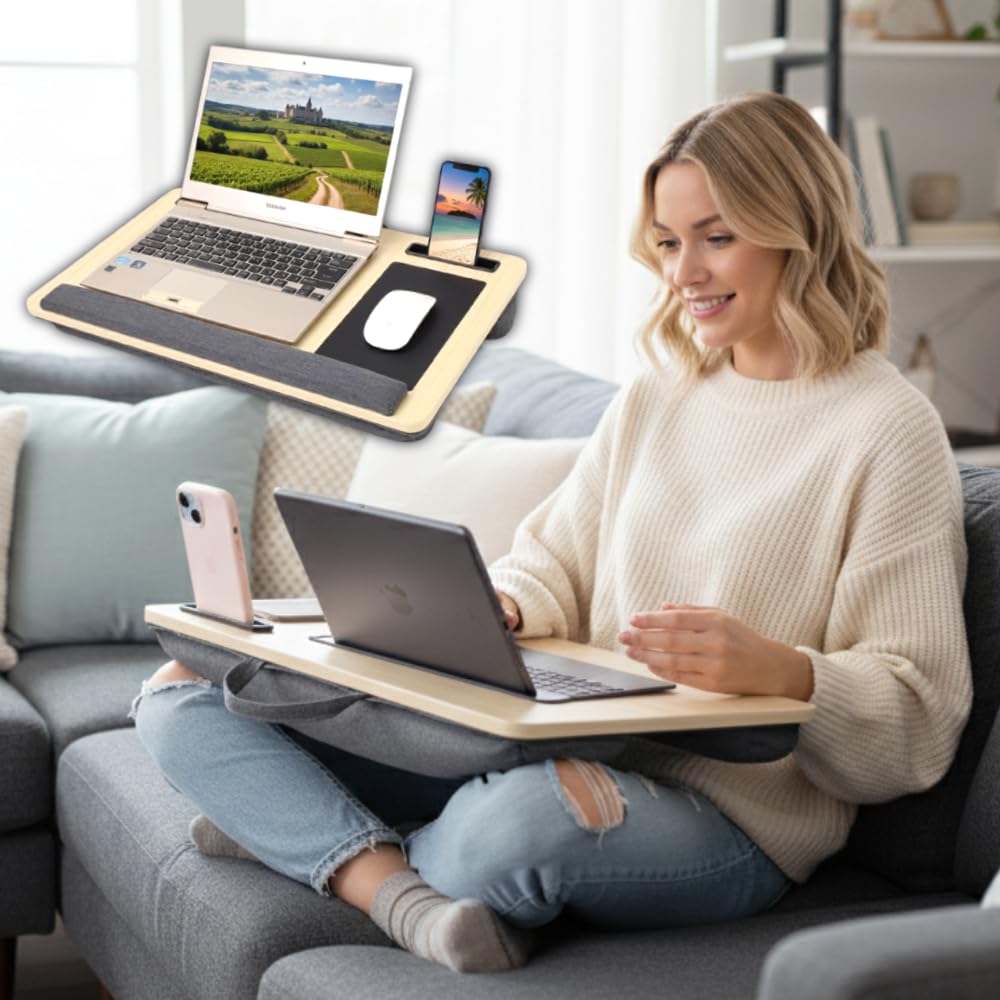 Japard Laptop Lap Desk with Mousepad, Cushion, Wide 21", Fits up to 15.6 inch, Portable Handle, Tablet Pen Phone Holder Wood Natural Home Office Gift