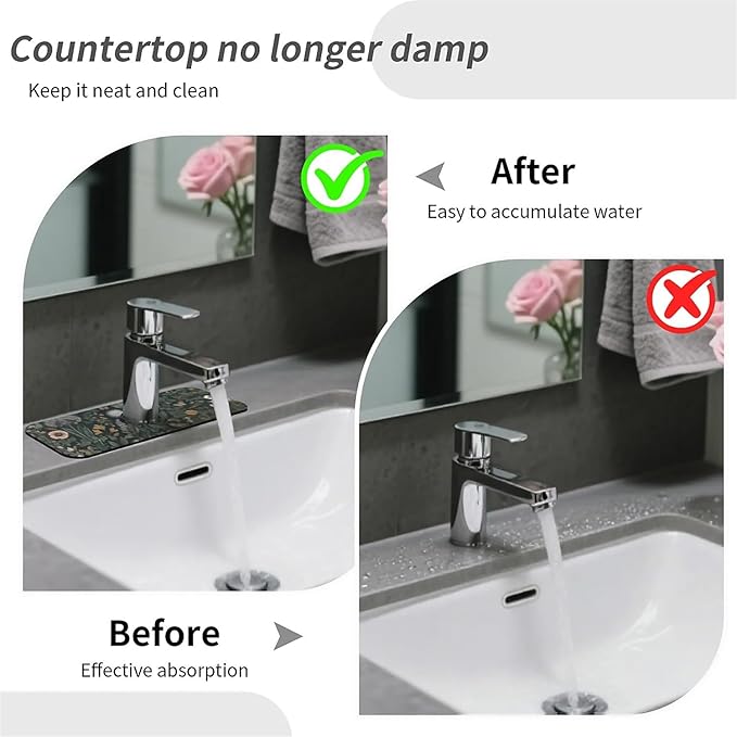Kitchen Sink Splash Guard，Dark-green black flowers Faucet Mat Sink