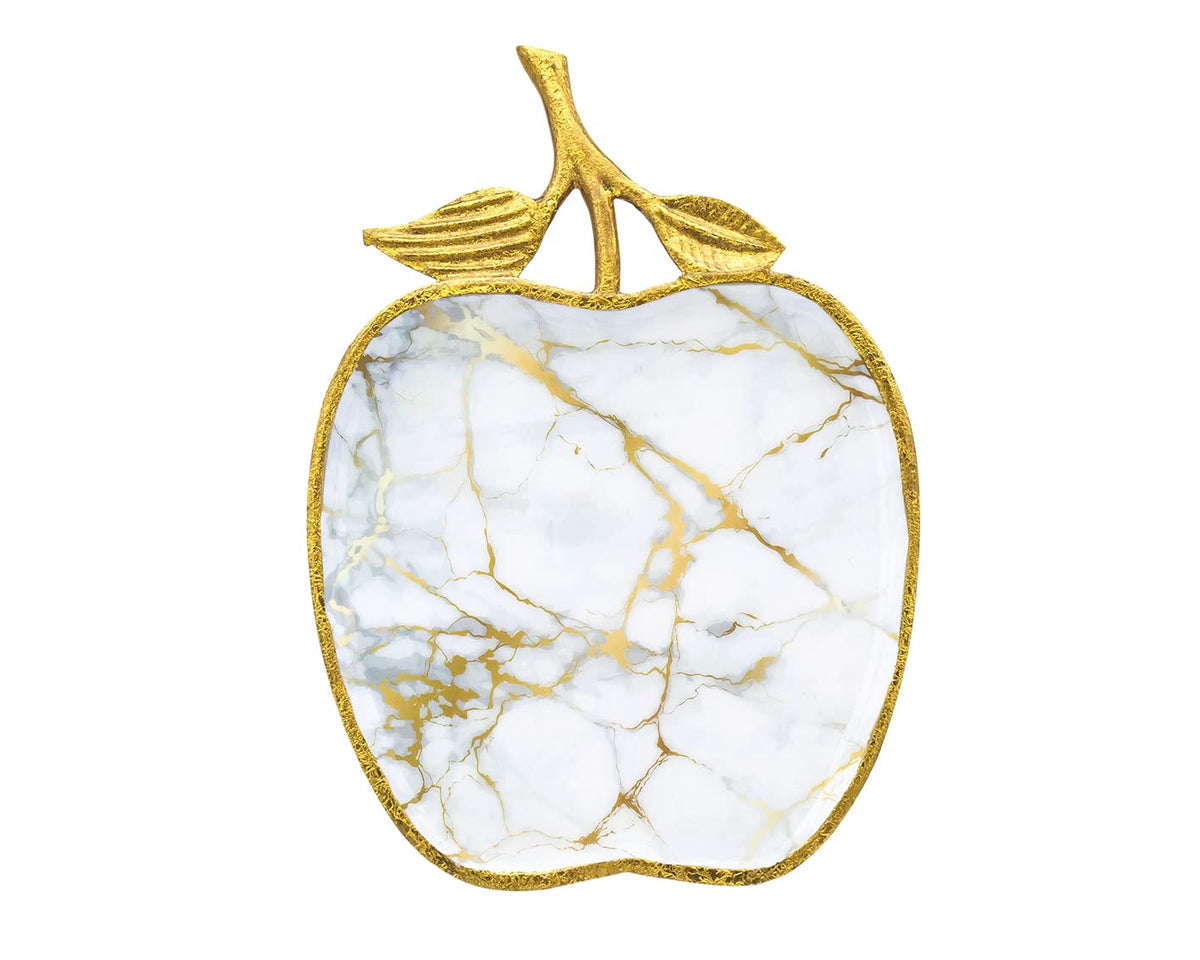 Godinger Cutting Board, Carving Board, for Meat, Fruit and Bread White and Gold Metal Marble Design, Apple Shaped 13.75X10