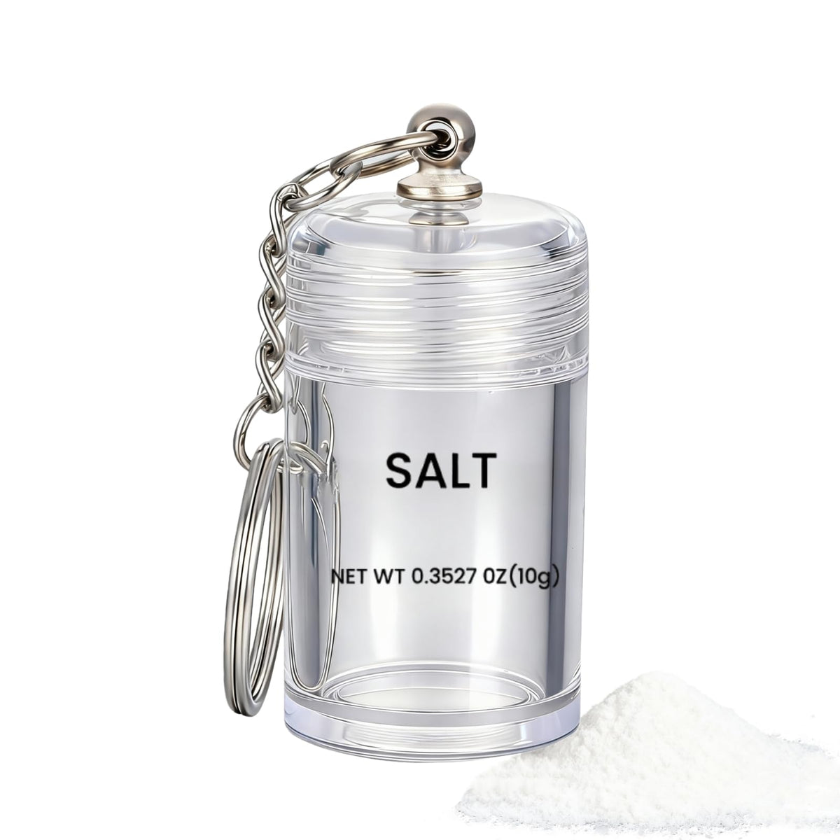 Mini Salt Keychain Bottle – Refillable AS Travel Salt Shaker – Portable Spice Jar with 2 Stickers – Small Key Chain Shaker for Camping, Office, Picnics, Lunchboxes