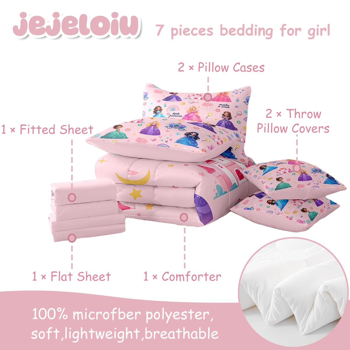jejeloiu Kids 7 Piece Princess Bedding Set Queen Size Pink Castle Bed Set Includes Comforter, Sheet Set, Pillowcases & Pillow Covers Bedroom Decor Fairy Dreamy Bed in a Bag Breathable Soft