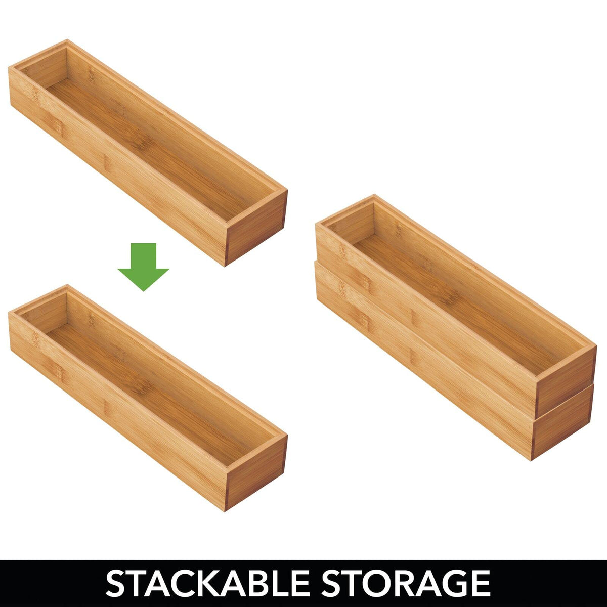 mDesign Slim Wooden Bamboo Drawer Organizer for Office - 12" Long Stackable Storage Box Tray for Desk Drawers/Cabinet - Junk Drawer and Accessories Organization - Echo Collection, 2 Pack, Natural Wood