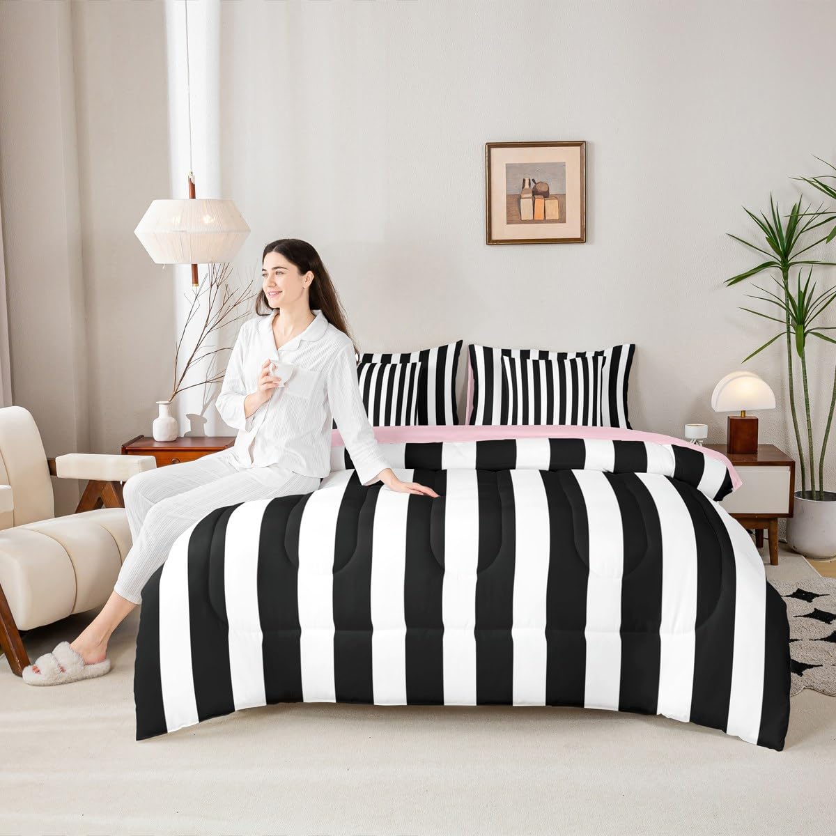 Erosebridal Black and White Striped King 7-Piece Bedding Set | Striped Comforter Set with Sheets Pink and Black Bed in a Bag for Kids Teens Adults Cute Pinstripe Girls Bedding Sets & Collections
