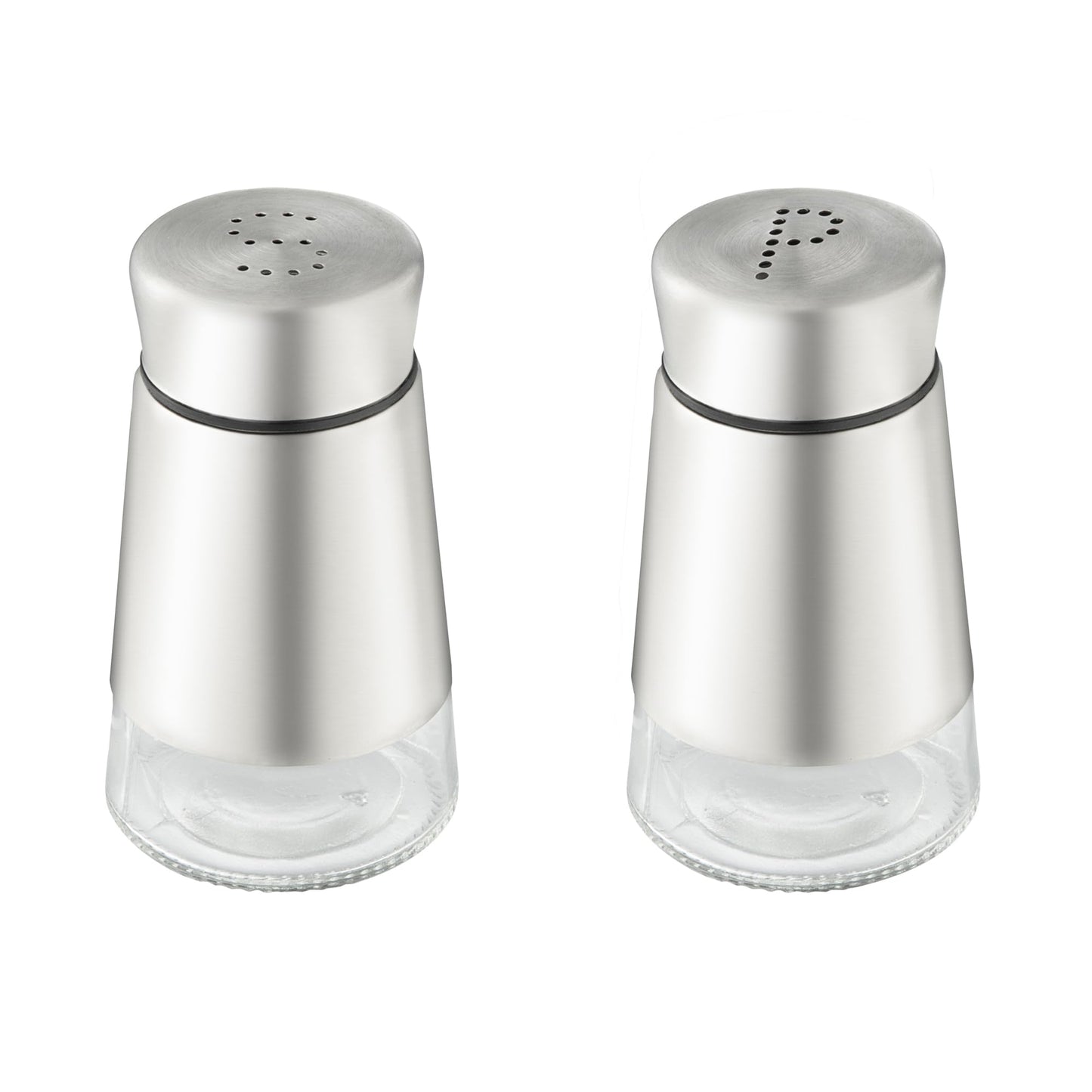 Restaurantware-Met Lux 2 Ounce Salt And Pepper Dispensers, 1 Refillable Salt And Pepper Shaker Set - "S" And "P" Pour Holes, Clear Glass Bottom, Stainless Steel Spice Dispensers, With Screwable Lid