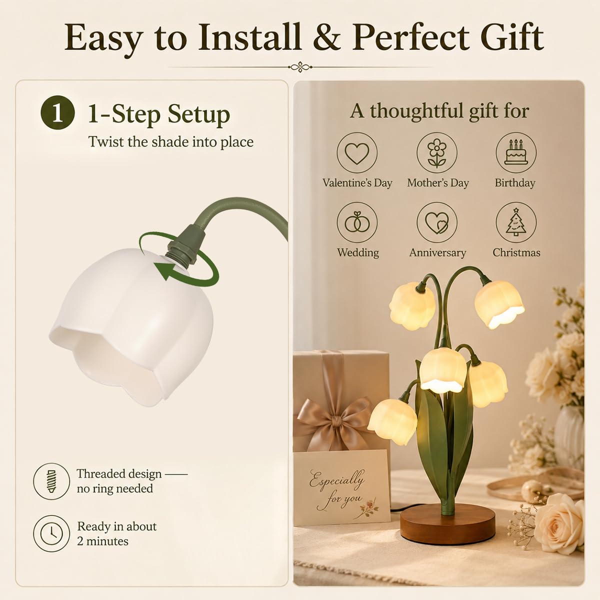 Flower Table Lamp for Bedroom, Cute Flower Reading Light with 5 White Lily of The Valley, Desk Lamp Bedside Lamps for Nightstands Home Decor,Soft Reading Night Light for Bedroom Living Room Office
