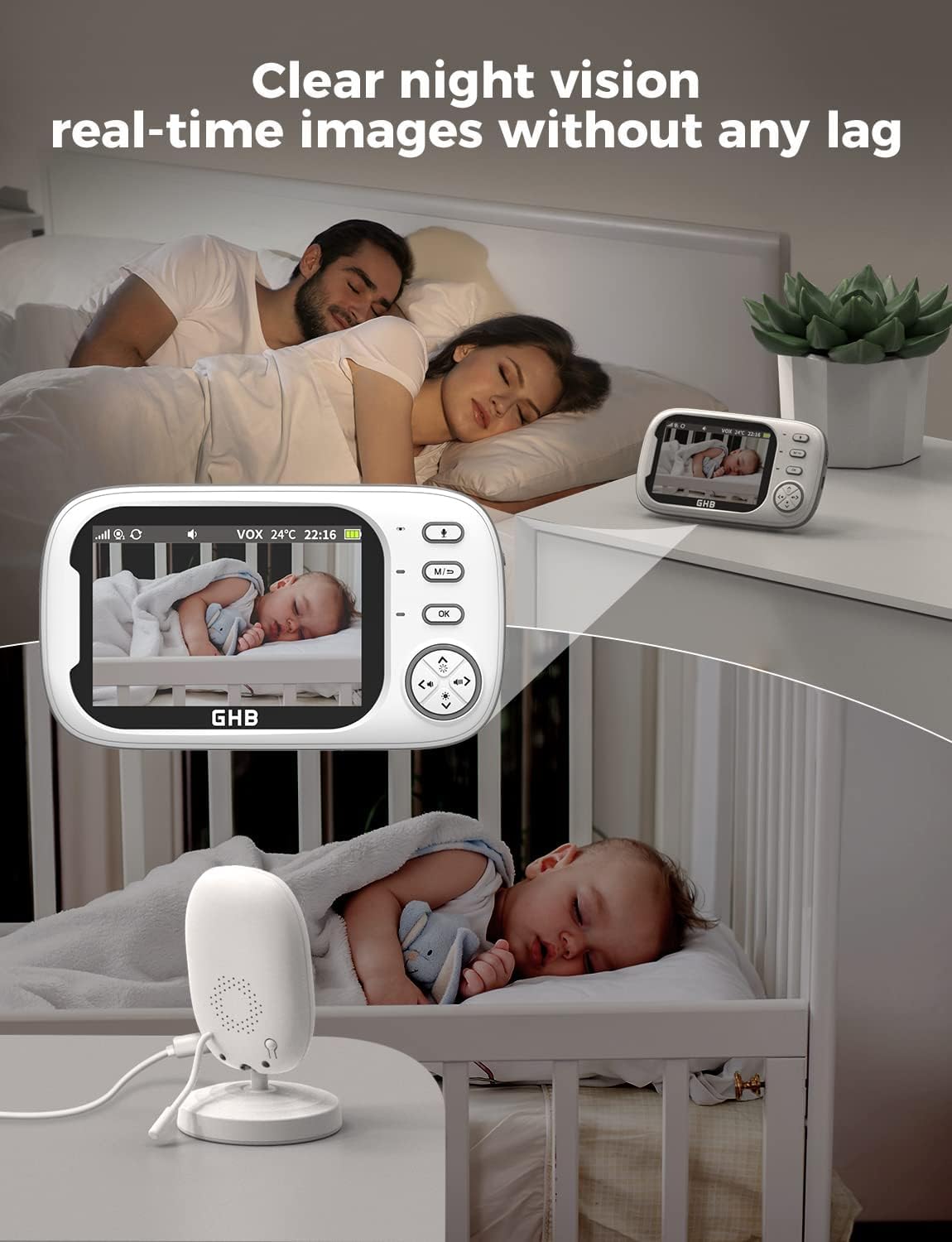 GHB Baby Monitor with Camera and Night Vision, 3.5-inch Video Monitor, VOX Mode, 2-Way Talk, 8 Lullabies, Temperature Alert, Feeding Reminder