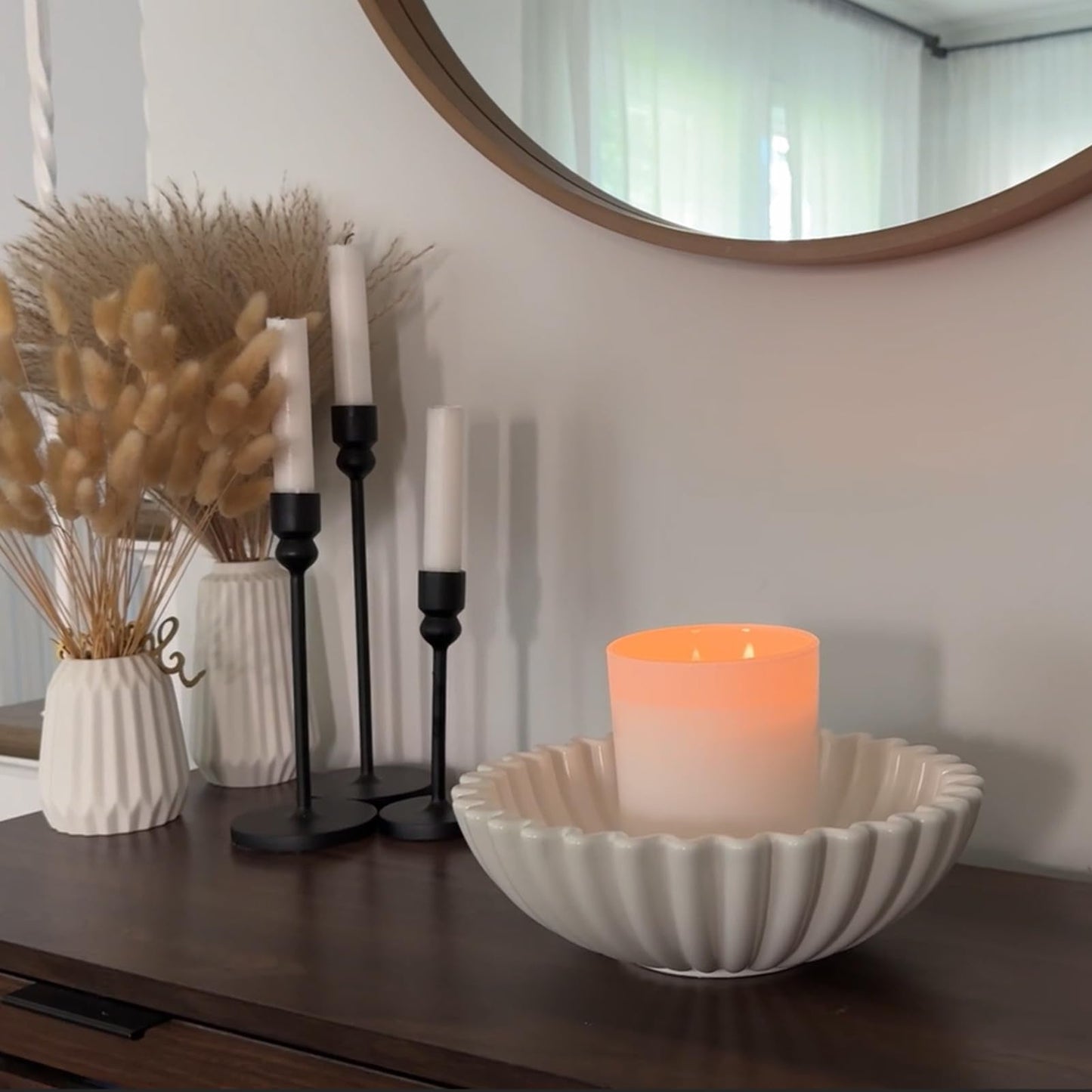 KULEDM Large Decorative Bowl Home Decor - 10in Ceramic White Scalloped Ruffle Fruit Bowl for Kitchen Counter, Dishwasher & Microwave Safe