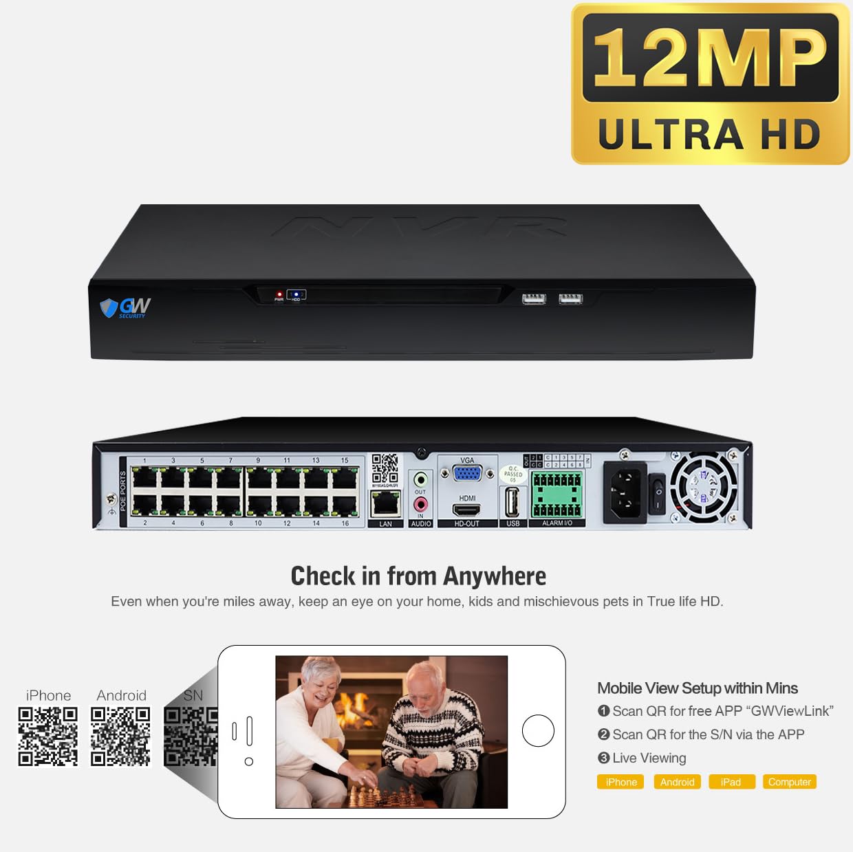 GW Security 16 Channel 12MP Commercial NVR UltraHD 4K License Plate/Face Recognition NDAA & TAA Compliant Business Security Camera System with 16 x 8MP @25FPS Outdoor & Indoor PoE Dome Cameras