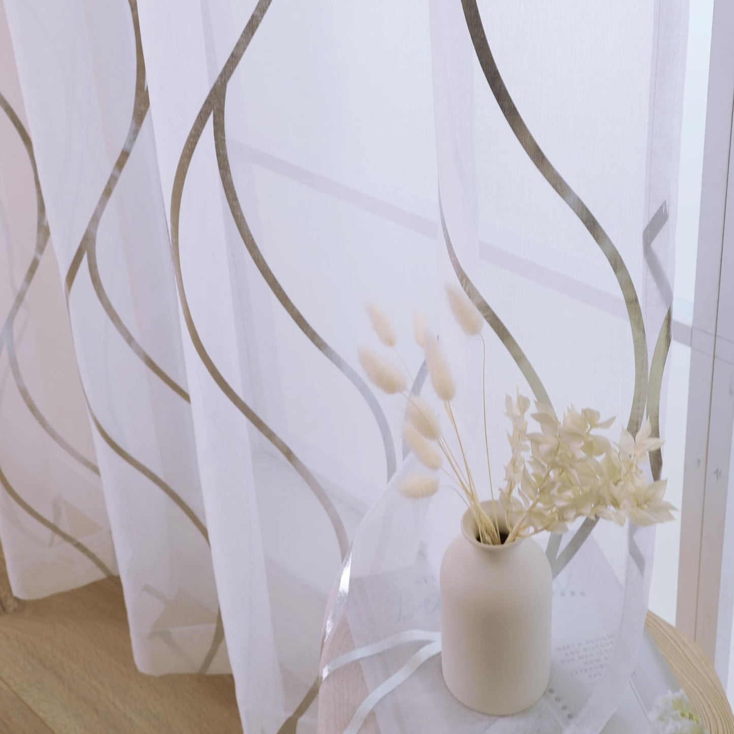 L.Z.E White and Silver Curtains for Living Room, See Through White Sheer Curtains 84 Inches Long 2 Panels Set, Grommet Transparent Window Drapes with Elegant Wave Patterns