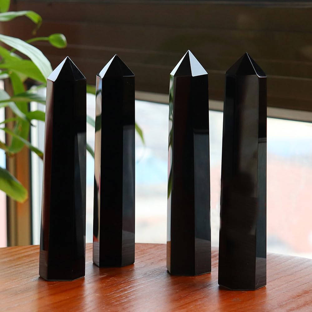 4Pcs 5.9 Inch Natural Crystal Obelisk Tower Set, Polished Hexagonal Point Wand, Obsidian Labradorite Amethyst Tiger's Eye Stone, Reiki Healing Crystal Obelisk Statue, Home Desktop Decor Spiritual Gift