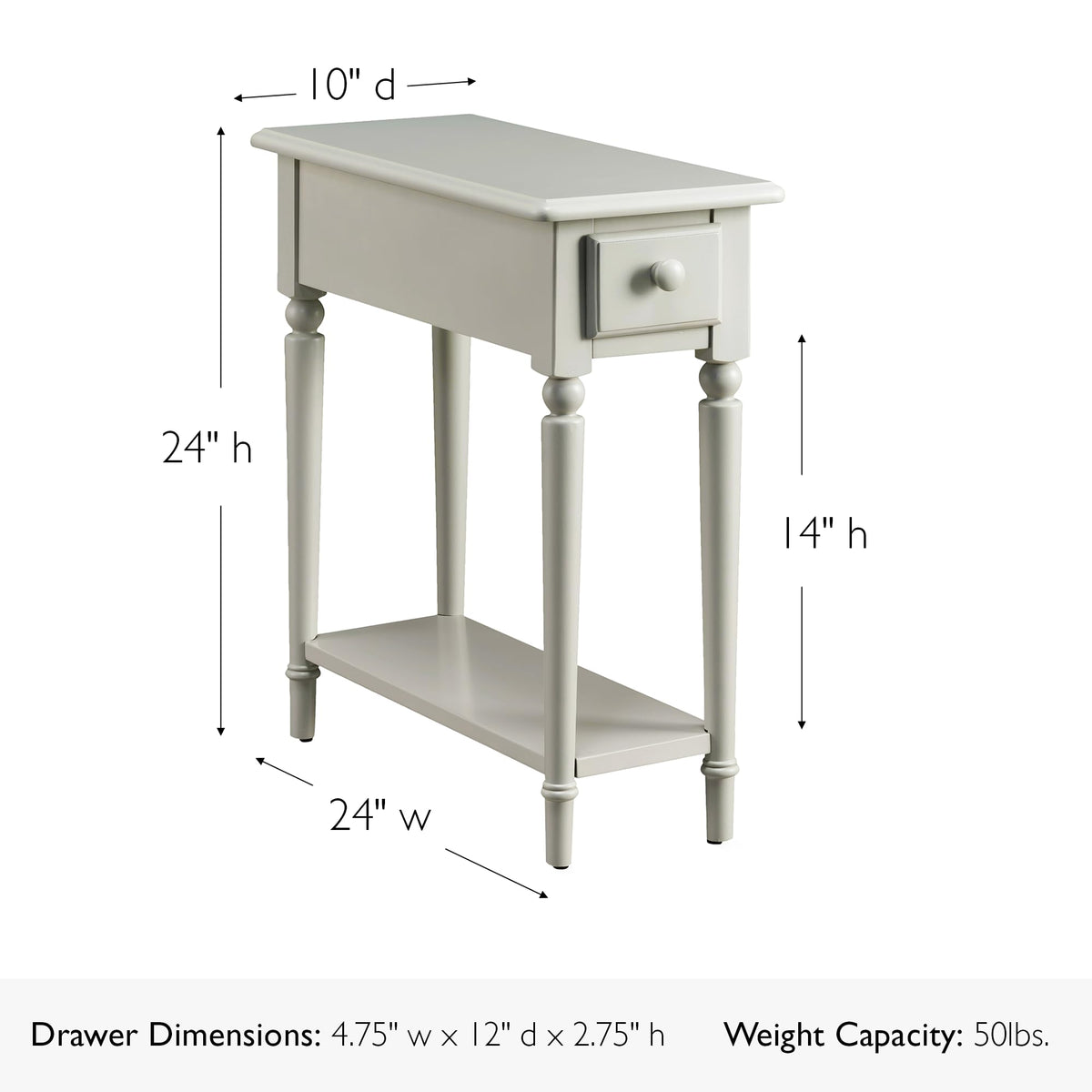 Leick Home Coastal End Table, Solid Wood, 1 Drawer, Bottom Display Shelf, Easy-Assembly, For Living Room/Bedroom, Greige, 23.5 in. L x 10.0 in. W x 24.0 in. H, 20017-GR