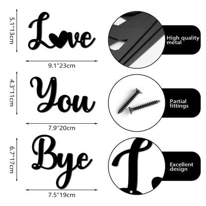 Pinetree Art Love You Bye Metal Signs Above Door for Home, Black Decorative Word Art, Modern Rustic Farmhouse Wall Sculptures for Hallway Entryway - Gifts for Family (Black 3)