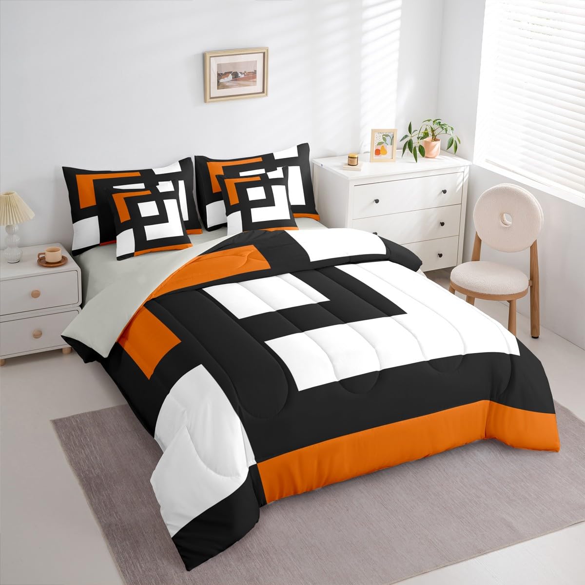 Erosebridal Blue Black and White Striped King 7-Piece Bedding Set for Adult Women Men Square Abstract Comforter Set Modern Geometric Stripes Bold Lines Bed in a Bag Plaids Bed Collections