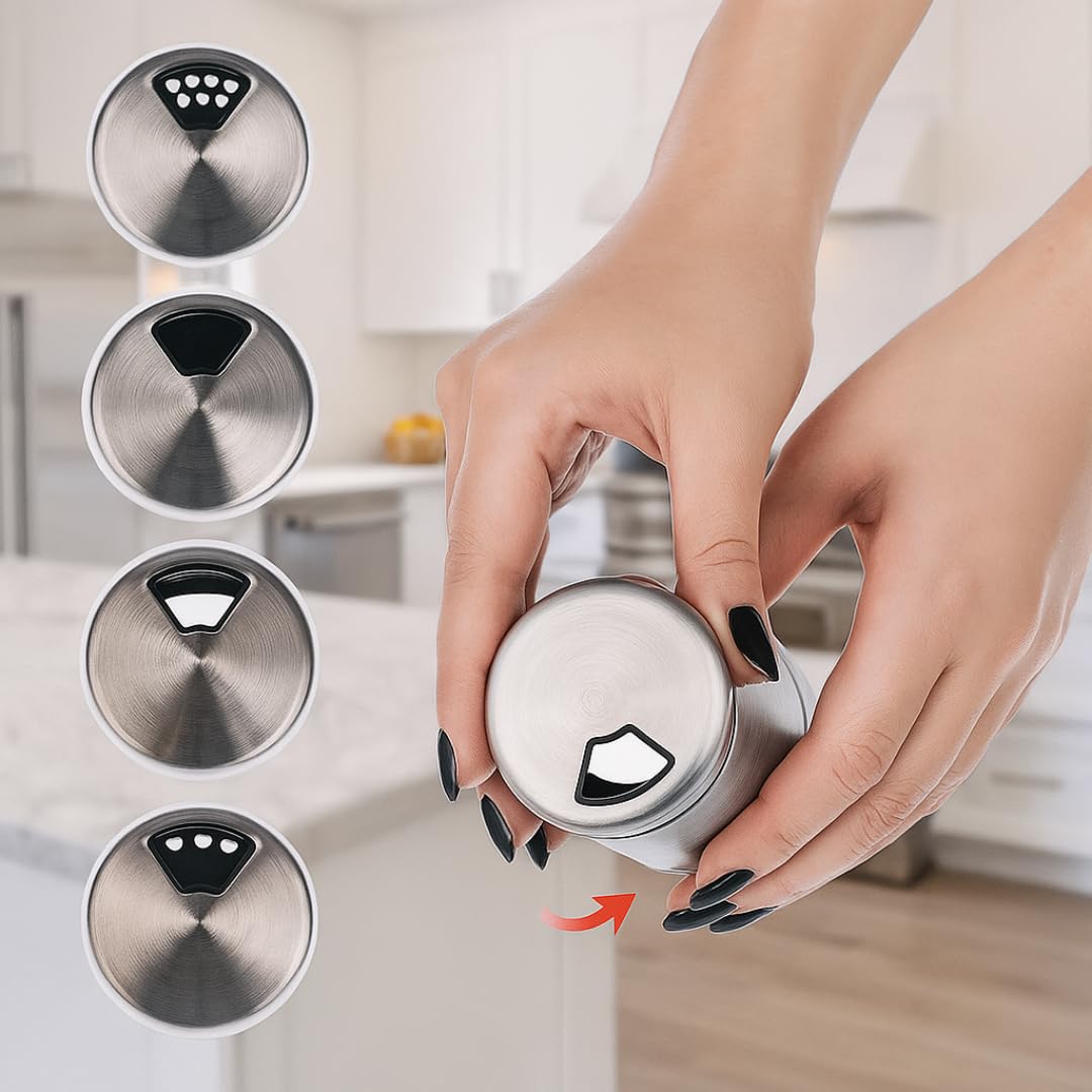 N Nelit Stainless Steel Salt and Pepper Shaker Set – Refillable, Adjustable Pour Lids, Modern Design for Kitchen, Dining Table & Gifting