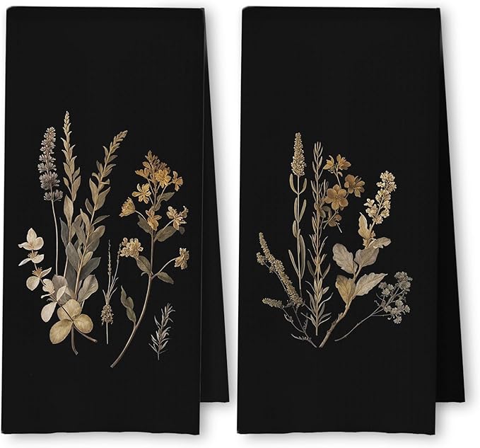 Boho Vintage Botanical Kitchen Towels Set of 2, Rustic Elegant Floral Dish Tea
