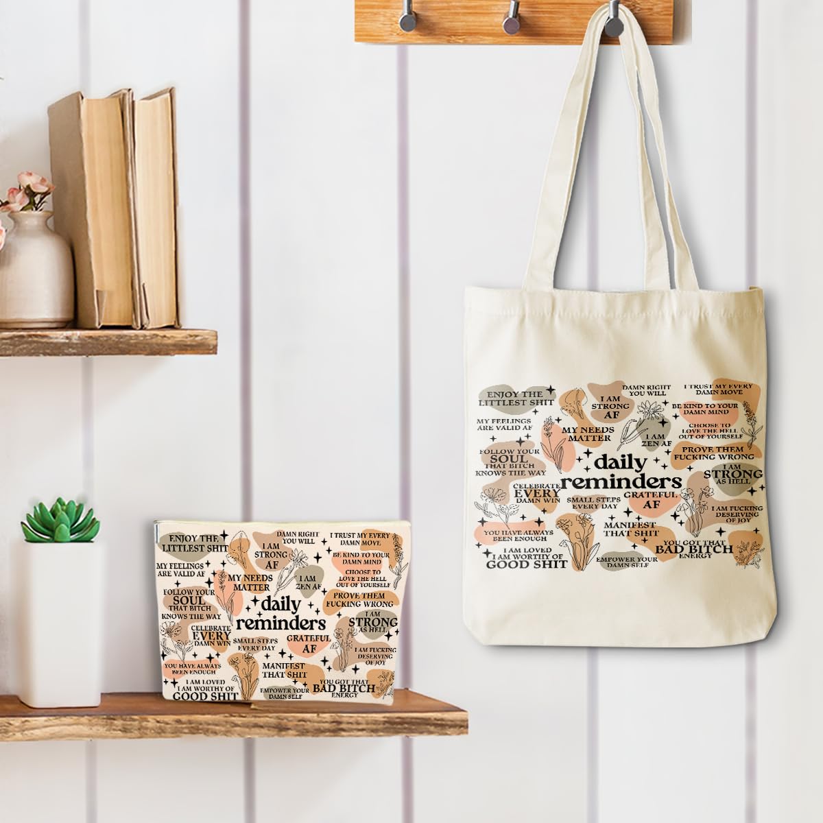 Daily Reminders for Women 2PCS Makeup Cosmetic Bag Canvas Tote Bag for Beach Shopping Work Office Self Love Gifts Inspirational Mental Health Gifts for Female Friend Colleagues Birthday Christmas