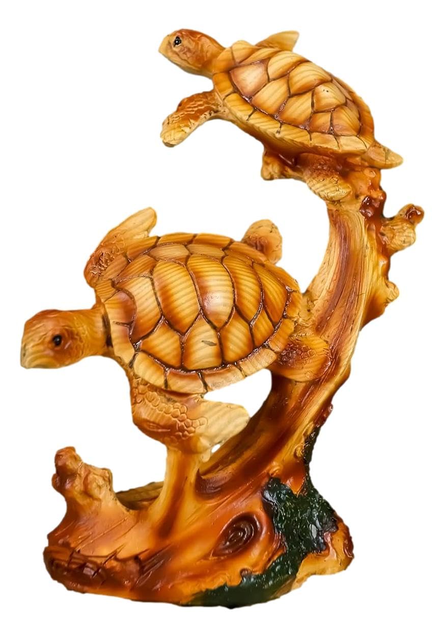 Ebros Exploring Sea Turtles Decor Statue 7.5" Tall in Faux Wood Resin Finish Marine Life Turtle Family Scene Figurine As Coastal Nautical Under The Sea Decor for Reptiles Aquatic Sculpture