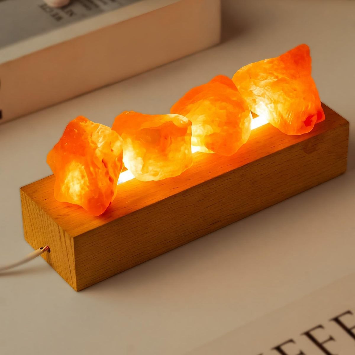 Runyangshi Crystal Night Lamp Natural Healing Himalayan Salt Raw Stone USB Port 3 Colours Dimming Mode Bedroom Lamp Suitable Night Light Ideal Gift