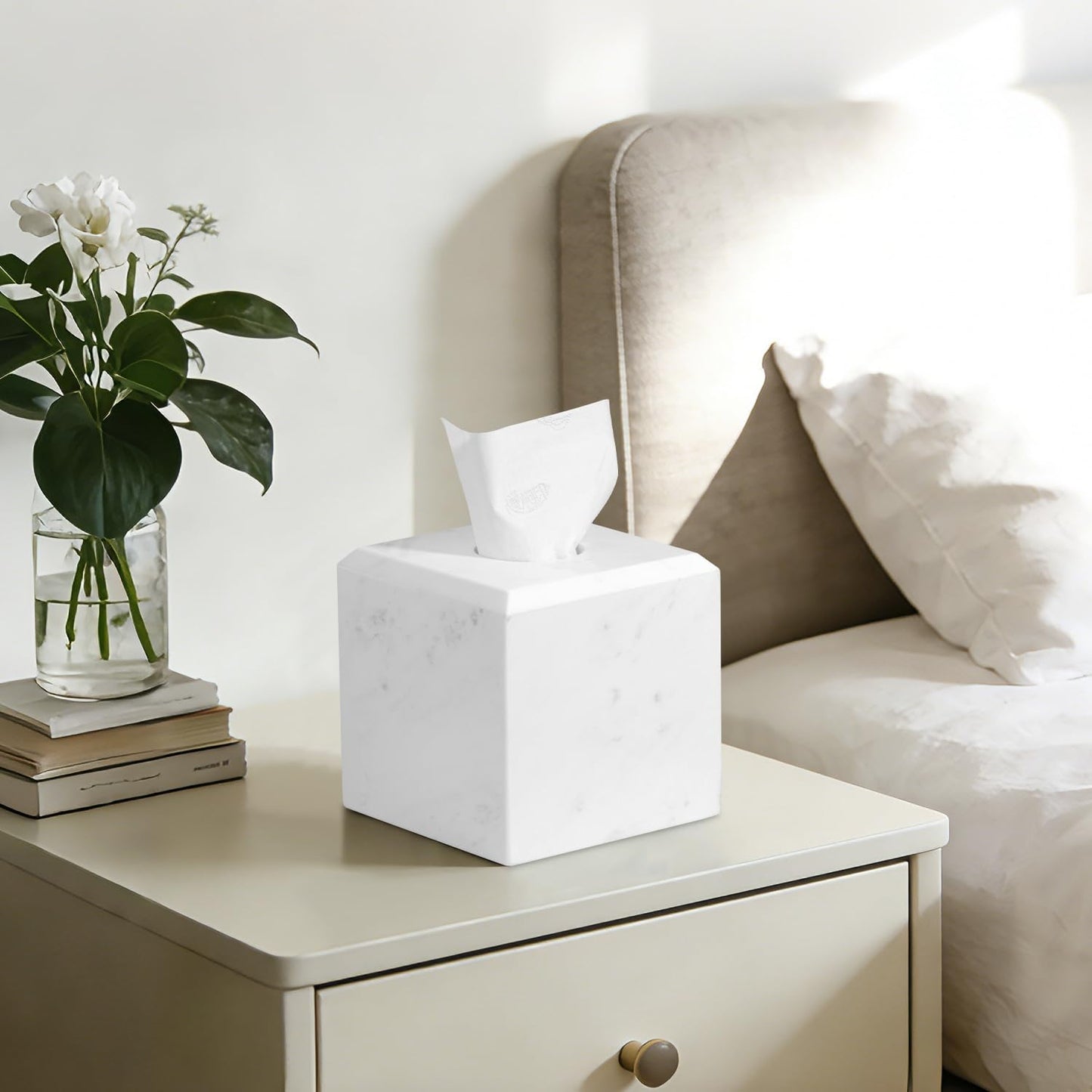 Natural Marble Square Tissue Box Cover,Stone Modern Decorative Sturdy Napkin Box Holder Case,Facial Paper Organizer for Bathroom Vanity Toilet Countertop,Kitchen (1, Jazz White, 5.71 * 5.71 * 5.51)