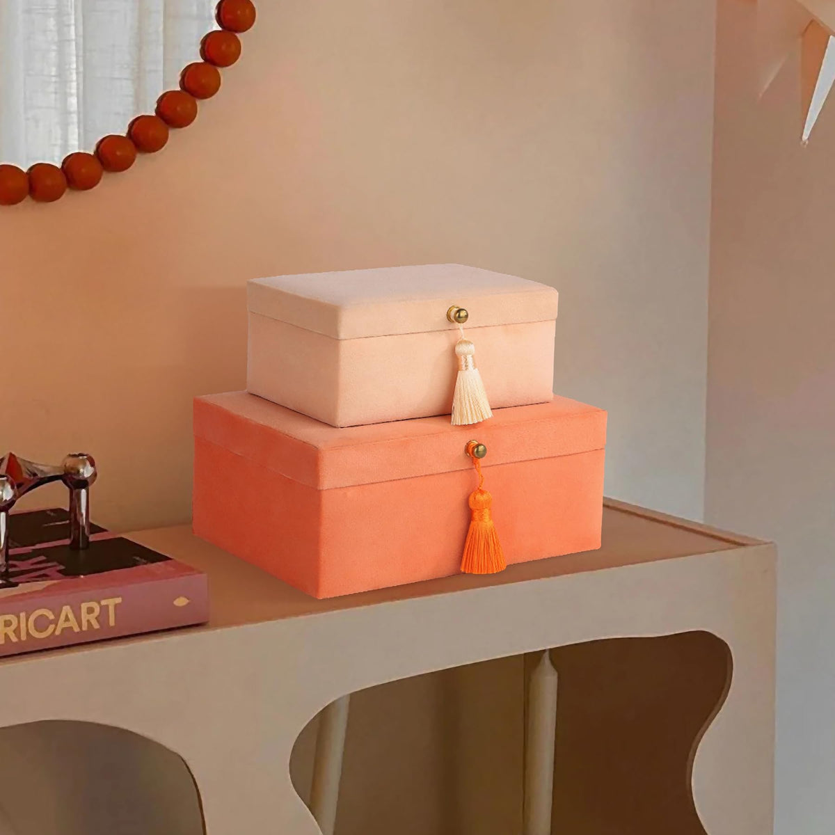 HofferRuffer Velvet Jewelry Boxes Decorative Boxes, Storage Accessory Organizer Boxes with Elegant Handle Decor, Classic Velvet Set of 2 Pieces (Orange)