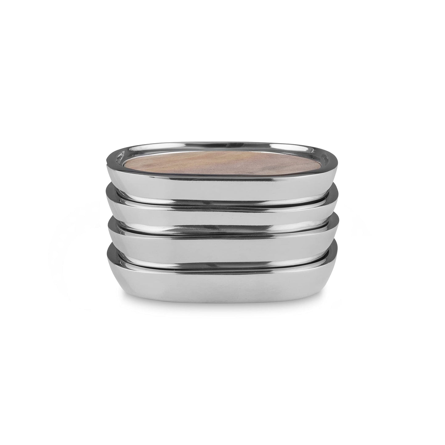 nambe Sandstone Coaster 4-Piece Set | Stone Drinks Coasters for Tabletop Protection | Made of Sandstone and Nambe Alloy | Naturally Absorbent for Coffee Table or Bar Décor | 4.75 Inches.