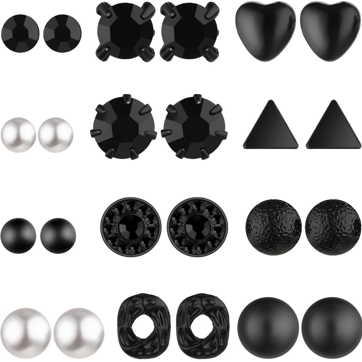 BBTO 24 Pairs Stud Earrings Crystal Pearl Earring Set Ear Stud Jewelry for Women Men(Black)