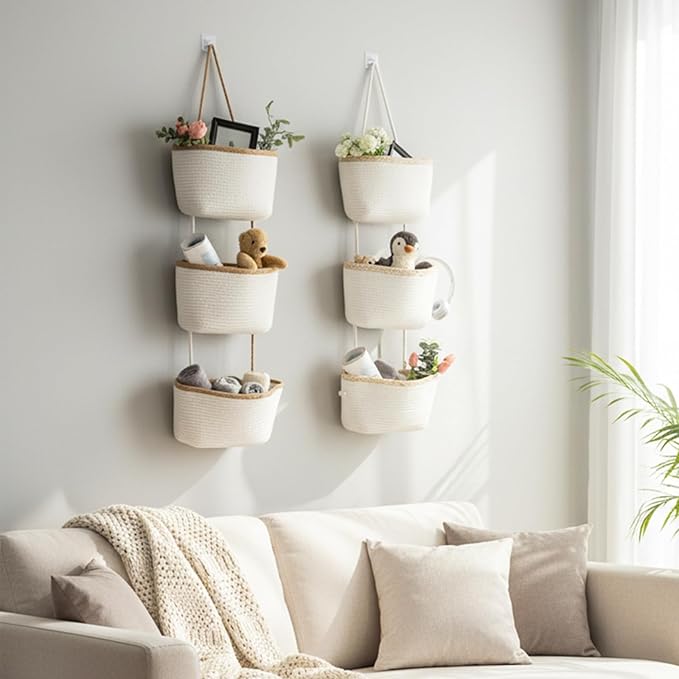 TeoKJ Over the Door Hanging Basket, 3-Tier Woven Cotton Wall-Mounted Storage