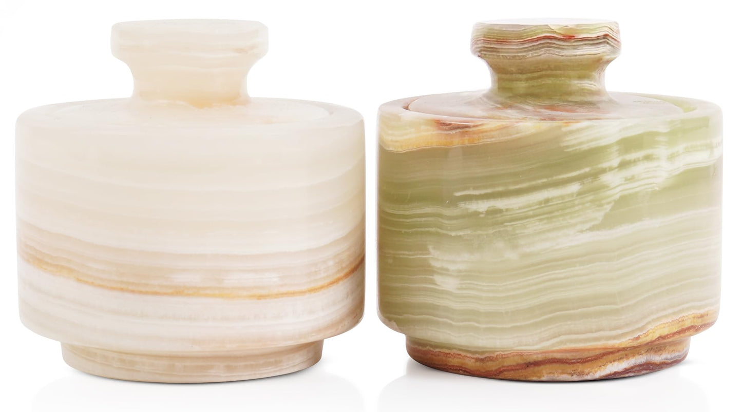 MARBLOUS KRAFTS Marble Salt Cellar with Lid White Onyx and Green Onyx 3" Stone Spice Jar, Perfect for Kitchen Counters, Ideal for Storing Salt, Sugar, and Pepper Bowls